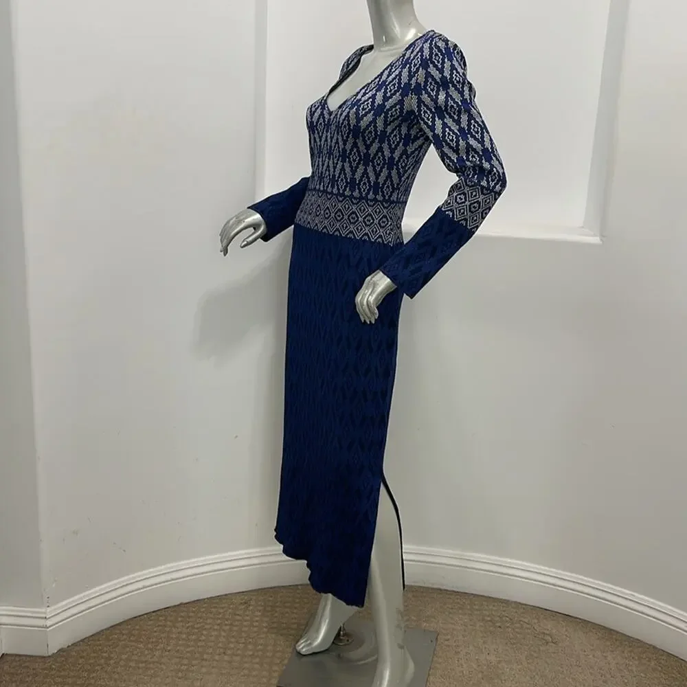 St. John Evening Diamond Jacquard Knit Maxi Dress Navy Blue Silver Long Sleeve 4 - Picture 4 of 14